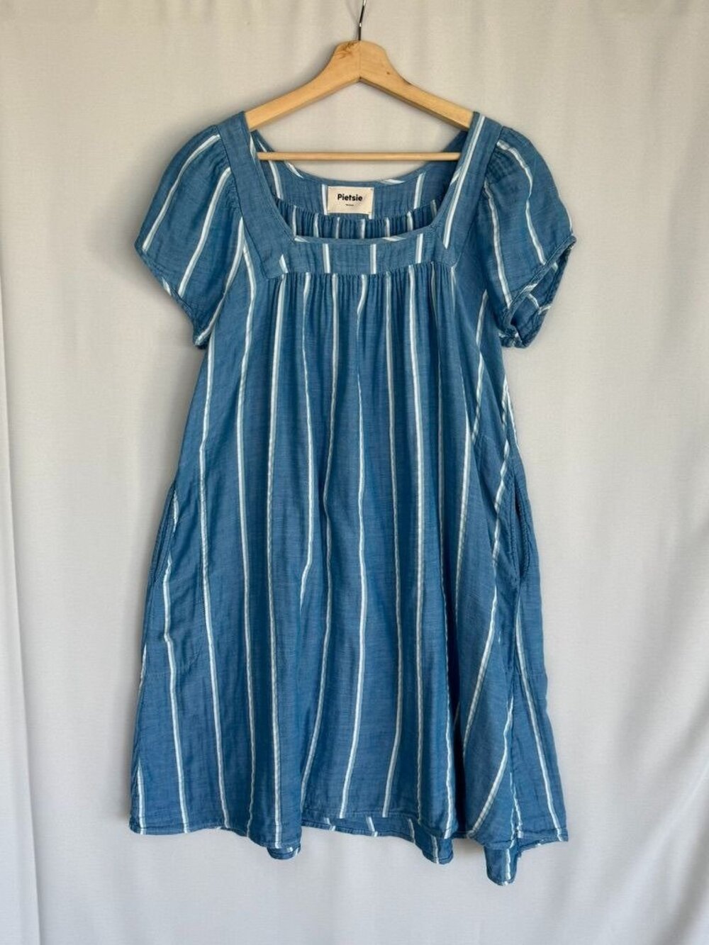 Pietsie Agave Cotton Blue Striped Cap Sleeve Babydoll Shift Dress Size Medium